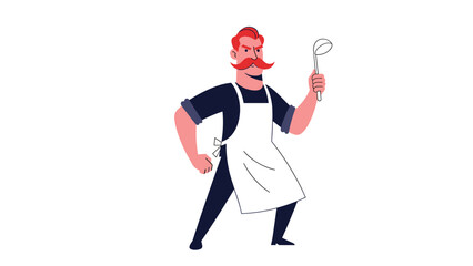 An angry cartoon chef with a red mustache, wearing an apron and holding a ladle like a weapon in a fighting stance.