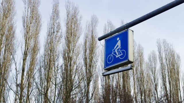 A clear bicycle path sign stands proudly beneath a sky, guiding cyclists through an arboreal path, inviting exploration and promoting eco-friendly transport. 