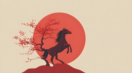 Minimal modern lunar new year poster style horse silhouette