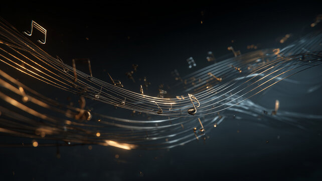 Musical notes and musical staff lines float in an elegant composition and dark background.