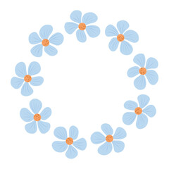 Fototapeta premium Blue blossom wreath, simple floral frame. Petite floral wreath, blue flower ring frame. Minimal flower wreath, botanical border