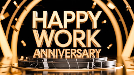happy work anniversary in gold on multi tiered marble stage with cinematic golden light arcs