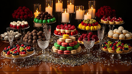 A luxurious dessert spread featuring an assortment of colorful macarons, chocolate truffles, and fruit tarts, illuminated by candlelight for a festive celebration.