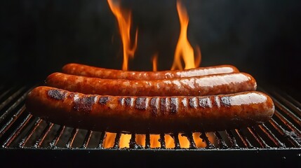 Grilled Sausages Over Flames on Barbecue Grill in Dark Background