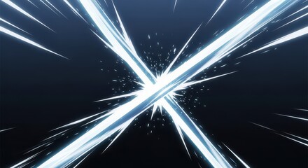 Intense light streaks cross diagonally forming an X shape against a dark background