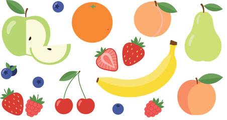 Fresh fruit collection with apple pear banana berries and citrus flat vector illustration isolated background