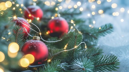 Festive red Christmas tree decorations featuring gold and glass ball ornaments on a green pine fir branch for a New Year celebration