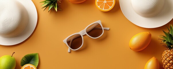 Stylish Summer Accessories With Sunglasses And Tropical Fruits