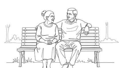High-quality black continuous line art of an elderly couple sitting together on a bench, talking peacefully, companionship and active aging illustration