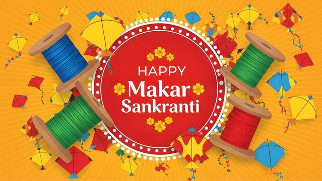Happy makar sankranti festival greeting card with colorful kites and thread spools