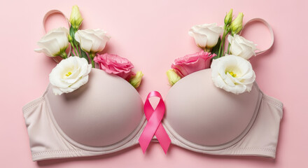 Soft pink bra with flowers and awareness ribbon symbolizing breast cancer support, femininity, hope, and wellness on pastel background