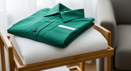 Freshly folded green shirt with name tag on white towel placed on wooden stand in bright minimalist home interior