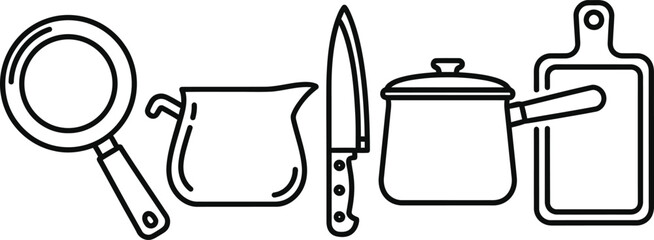 Set of 4 kitchen cookware outline frying pan sauce pot chef knife and cutting board