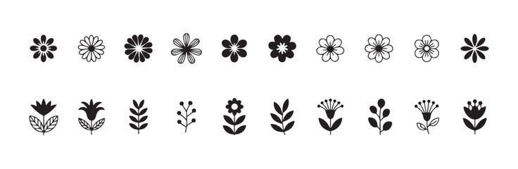Black and white collection of various floral and botanical elements including flowers, leaves, and berries © MST