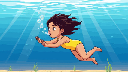 Little girl swimming underwater in a clear blue ocean with air bubbles.