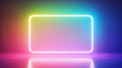 Glowing multicolored neon rectangle frame reflected on a glossy surface with vibrant background