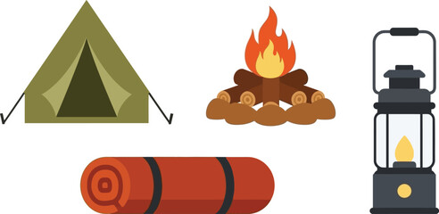 Set of 4 camping gear icons flat design tent campfire sleeping bag and lantern