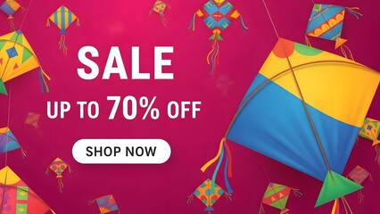 Kite festival sale banner with colorful kites and discount offer