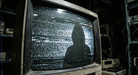 Hooded Hacker Silhouette Reflecting on Static Glitch Monitor Screen