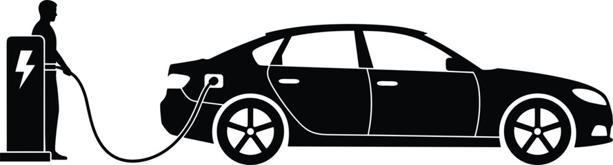 Electric vehicle charging station silhouette, modern electric car plugged in, eco friendly transportation concept, clean energy mobility illustration, sustainable future transport innovation, 