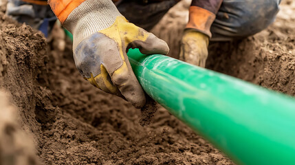 Installing a green utility pipe. Worker places pipe into trench with soil backdrop. Gloves protect hands, construction in progress, infrastructure, and sanitation.