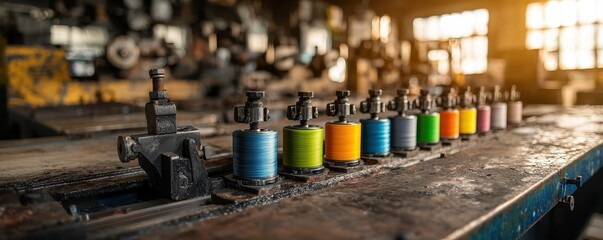 Industrial Spools of Thread in Workshop with Natural Lighting