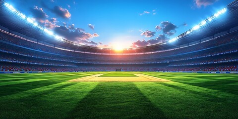Empty Cricket Stadium with Bright Lights and Sunset Sky sports arena green grass