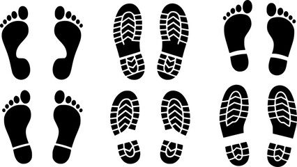 Set of human footprints icon. Foot imprint, footsteps icon collection. Human footprints silhouette. Barefoot, sneaker and shoes footstep icons. Vector Illustration. See Less
