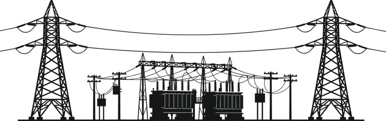 High voltage power transmission substation with electricity pylons, transformers and overhead lines, industrial energy infrastructure, electrical grid technology, blue silhouette illustration,