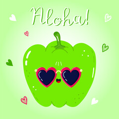 Cute green bell pepper wearing heart sunglasses saying Aloha