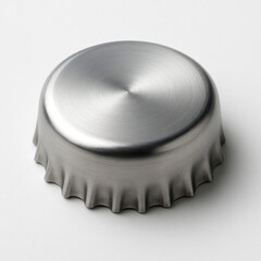 An isolated macro shot of a metallic beer bottle cap on a white background reveals a circular steel lid used in the beverage industry as a drink cover