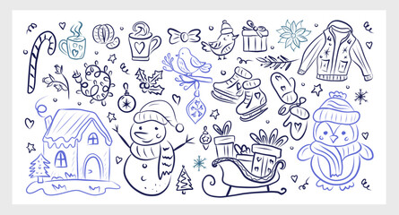 Whimsical Christmas hand drawing sketch set. La dolce vita concept. Design elements for New Year party greeting cards, winter party invitations. Vector