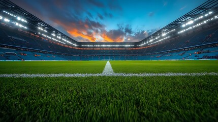 Empty Soccer Stadium Field with Bright Lights and Dramatic Sunset Sky football field