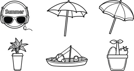 Outline illustration set of 5 summer items ice cream cone sunglasses flip flops beach ball and sun icon