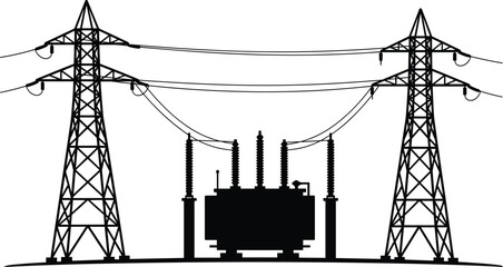 High voltage power transmission towers and electrical substation transformer silhouette, energy infrastructure grid engineering technology illustration isolated on white 