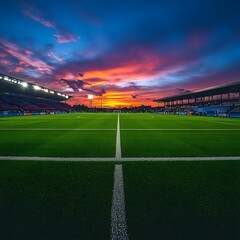 Empty Soccer Stadium Green Field White Lines Dramatic Sunset Sky football field green grass