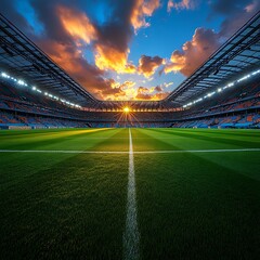 Empty Soccer Stadium Green Field White Lines Sunset Sky Dramatic Clouds football stadium