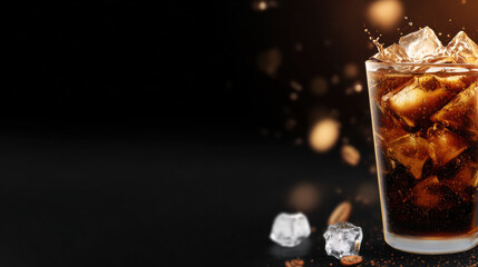 Iced with sparkling bubbles and ice cubes in glass, refreshing cold beverage glistening