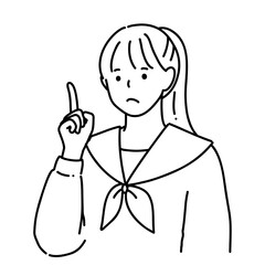 手描き　困り顔の女子高生のイラスト　指差し　シンプル線画