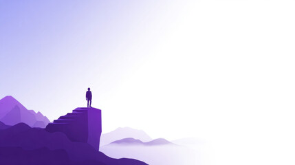 Silhouette person on cliff overlooking misty mountains at sunrise with purple gradient sky