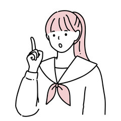 手描き　小さく口を開けた女子高生のイラスト　指差し