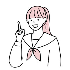手描き　笑顔の女子高生のイラスト　指差し