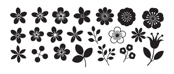 Fototapeta premium Collection of simple black silhouettes and outlines of various stylized flowers leaves and berries for design