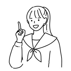 手描き　指差し　笑顔の女子高生のイラスト　シンプル線画