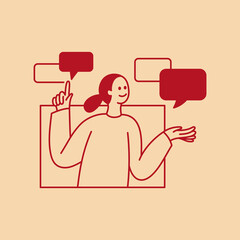 Vector doodle illustration, business and communication concept, girl on the screen, managing chat message, support and feedback