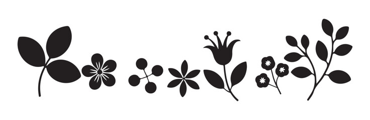 Assortment of black silhouette botanical elements featuring flowers leaves and small berry clusters design kit © MST