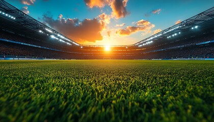 Empty soccer stadium green grass field at sunset with bright sun football stadium empty stadium