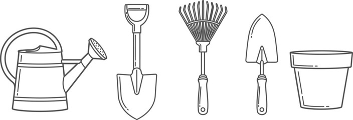 Outline illustration set of 5 gardening tools watering can shovel rake trowel and plant pot