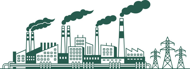 Industrial factory skyline illustration, power plant chimneys emitting smoke, urban manufacturing complex with electricity transmission towers, environmental pollution 