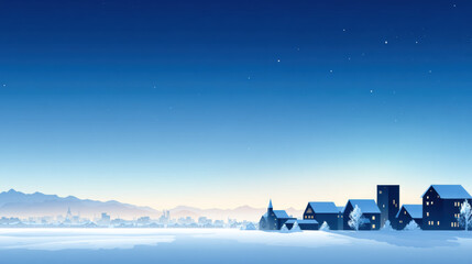 Snowy village at dusk with houses and distant mountains under starry blue sky